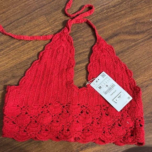 Zara Other - ZARA Red Crochet Halter Top Size M NWT